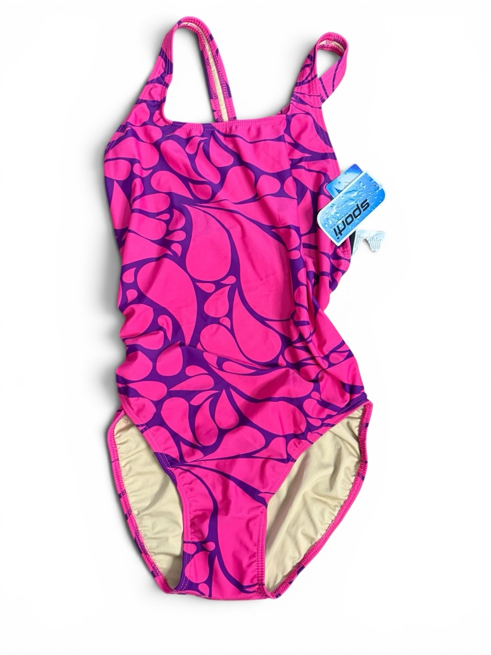 NWT Sporti Mosaic Tear Drop Wide Strap One Piece Swimsuit Purple Pink Women 36/M